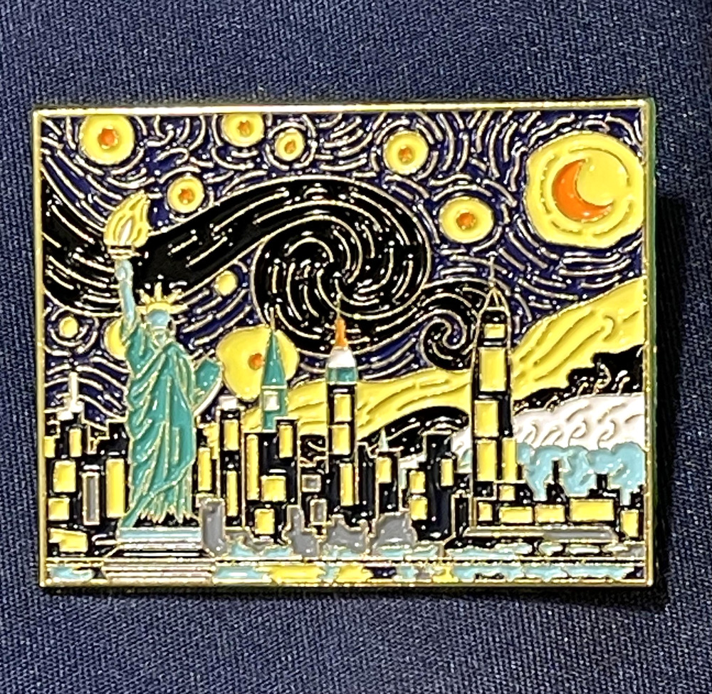 NWOT Blue Statue Of Liberty Starry Night Brooch Lapel Pin Enamel Travel Art NYC